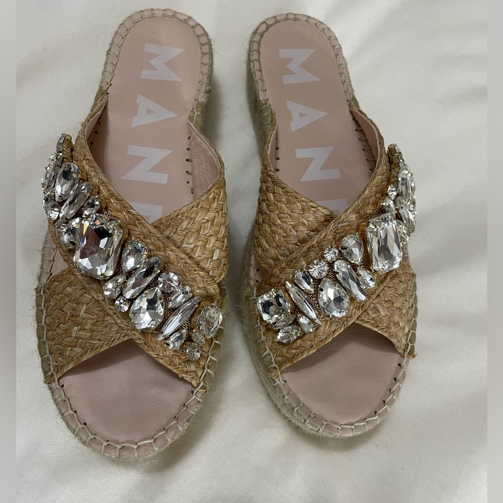 Manebí Raffia Crystal-Embellished Platform Sandals